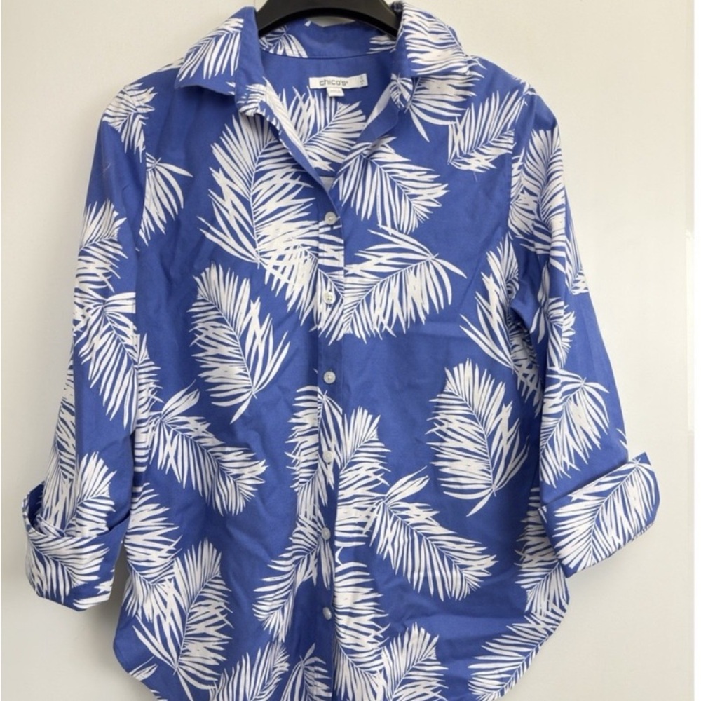 Chicos Blue and White Palm Print Shirt - Picture 1 of 6